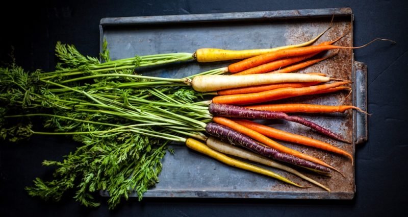 Summer Produce: Photo of a bunch of purple, orange, yellow and white carrots with their tops on on a partially rusted metal rectangular pan, against a dark background.