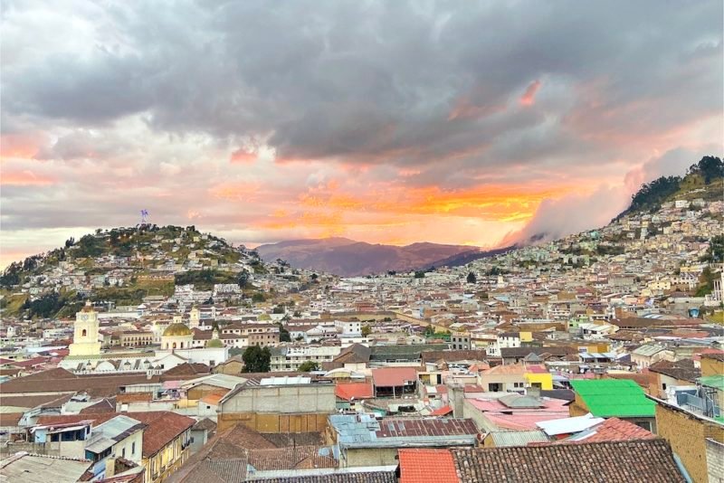 View of part of the city of Quito, Ecuador at sunset.