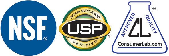 Image of the official seals of supplement 3rd party testing: NSF, USP and Consumer Labs