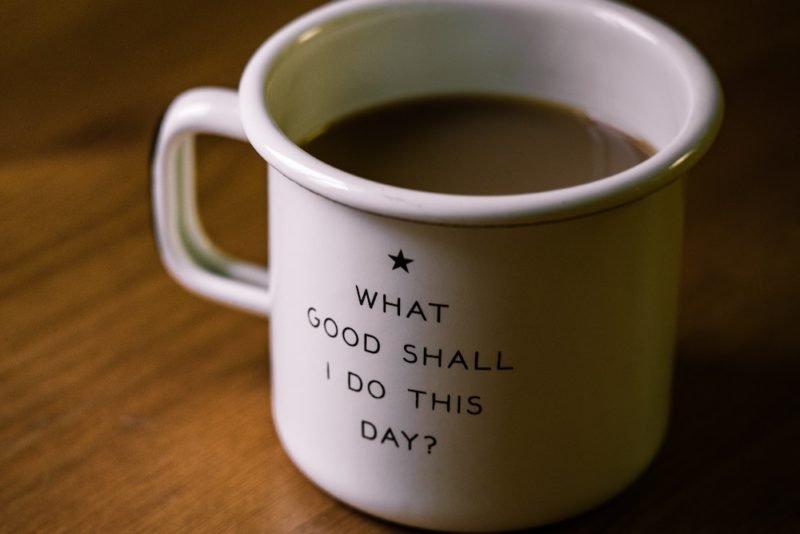 I take nutrition myth-busting seriously. Photo is of a white coffee mug with black lettering that says "What good shall I do this day?"