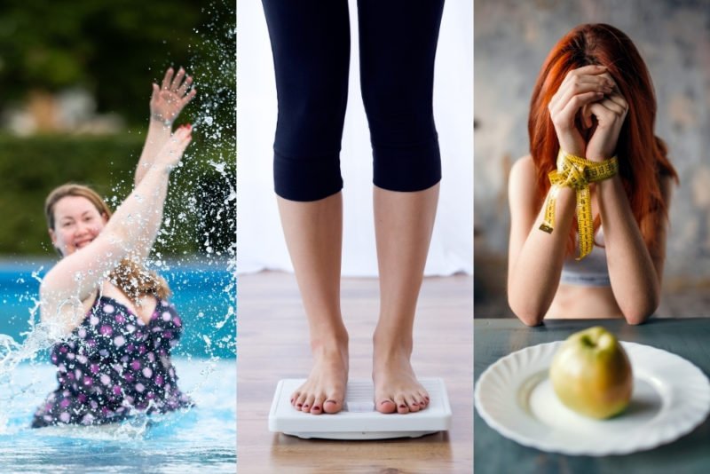Three photos reflecting the HAES-dieting-eating disorder spectrum: on the left is a smiling woman in a larger body, wearing a dark blue swimsuit with purple flowers, splashing in a pool. In the middle are the legs of a thin woman wearing black capri leggings, standing barefoot on a white bathroom scale. On the right is an extremely thin woman with long, bright red hair, sitting a table with her elbows resting on it and her wrists bound by a tape measure, with a single apple on a white plate in front of her.