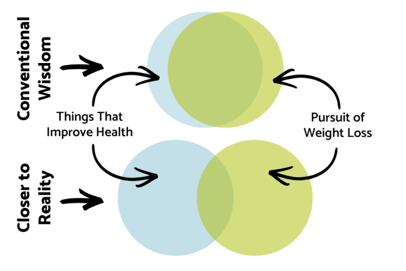 A Venn diagram showing the small overlap between the pursuit of weight loss and the pursuit of long-term health.