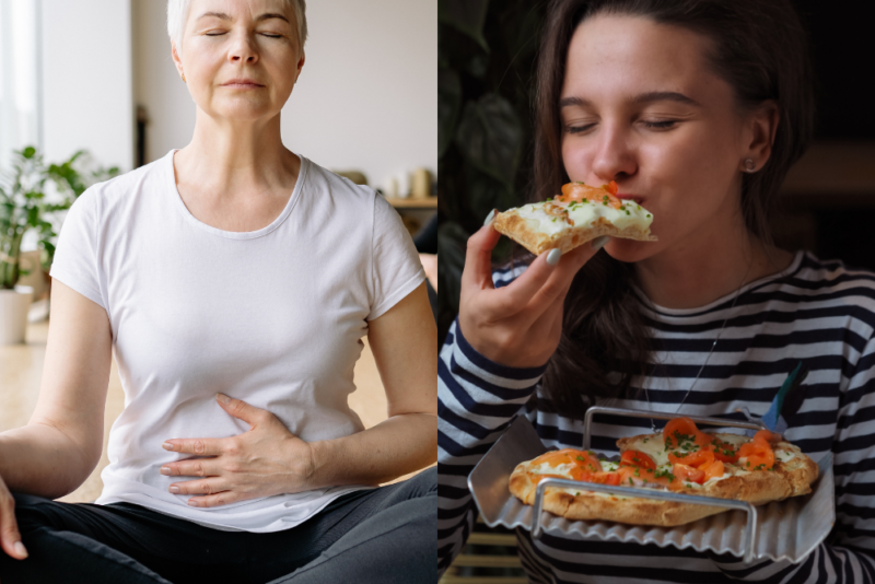 Two images, one of a middle-age woman checking in with her hunger levels with her hand on her stomach; the other image is of a young woman holding a small pizza while enjoying a slice.